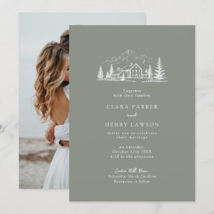 Faire-part de mariage hivernal en vert forêt et pi