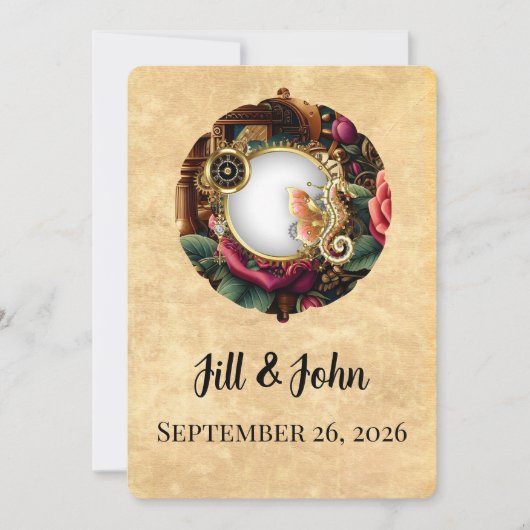 Faire-part de mariage horloge Steampunk Dark Acade (Devant)