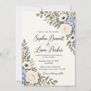 Faire-part de mariage Hydrangea Bleu Rose Ivoire
