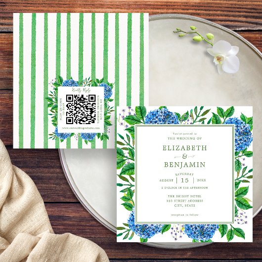 Faire-part de mariage Hydrangea bleue avec QR code