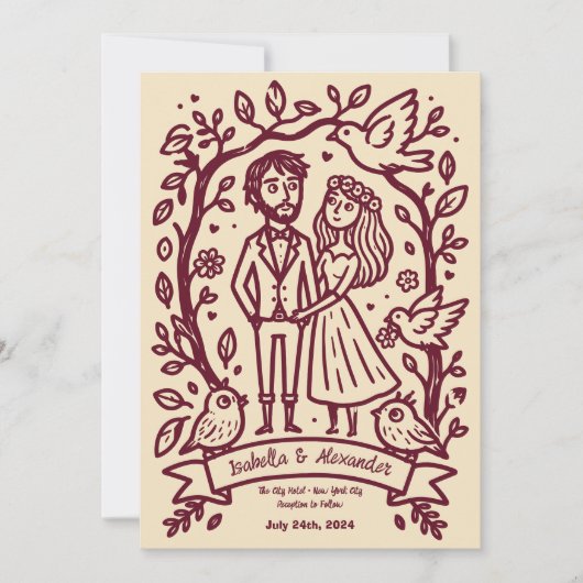 Faire-part de mariage illustré à la main de manièr (Devant)