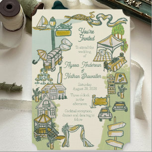Faire-part de mariage illustré de la ville côtière