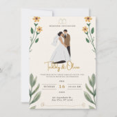 Faire-part de mariage illustré simple vert crème (Devant)