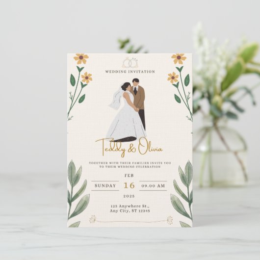 Faire-part de mariage illustré simple vert crème (Debout devant)