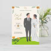 Faire-part de mariage illustrée jaune vert (Debout devant)