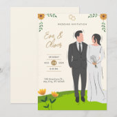 Faire-part de mariage illustrée jaune vert (Devant / Derrière)