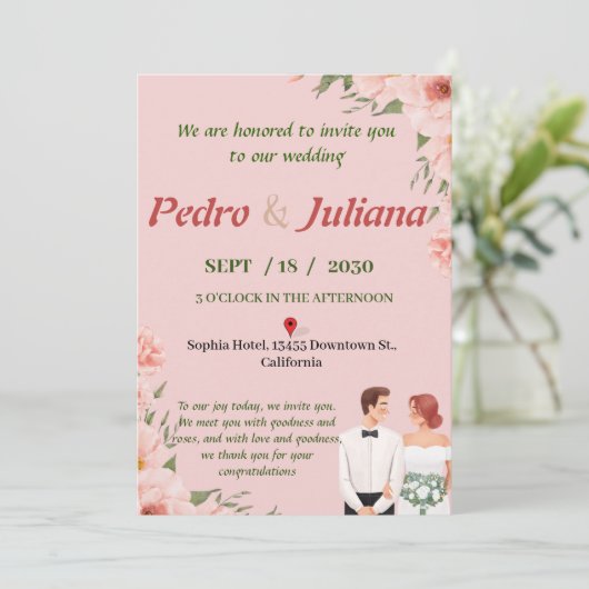 Faire-part de mariage imprimé avec simple rose, bl (Debout devant)