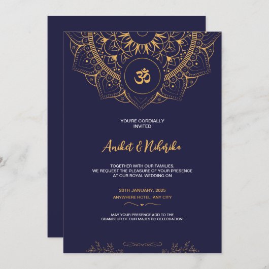 Faire-part de mariage indien avec Elegant Blue & G (Devant / Derrière)