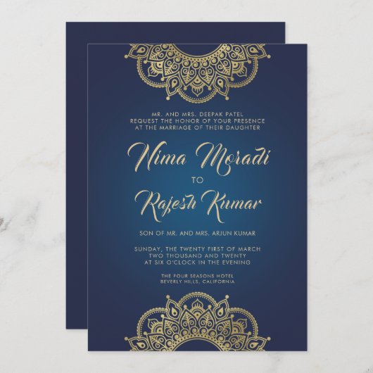Faire-part de mariage Indien, Bleu, Or, Mandala (Devant / Derrière)