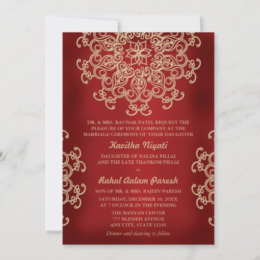 Faire-part de mariage indien de style rouge et or (Devant)
