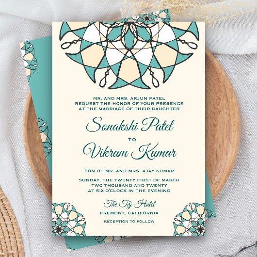 Faire-part de mariage indien mandala sarcelle élég
