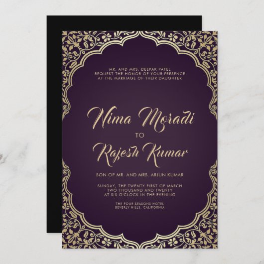 Faire-part de mariage Indien, Noir, Cadre Or (Devant / Derrière)