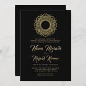 Faire-part de mariage Indien, Noir, Or, Mandala (Devant / Derrière)