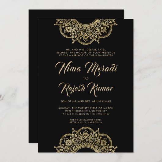 Faire-part de mariage Indien, Noir, Or, Mandala (Devant / Derrière)
