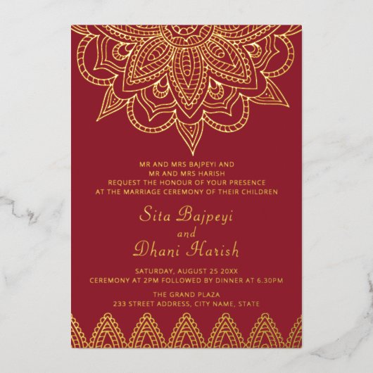 Faire-part de mariage indien Red and Real Gold Foi (Recto)