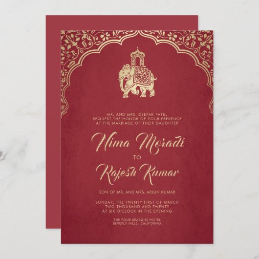 Faire-part de mariage Indien, Rouge, Or, Ganesha (Devant / Derrière)