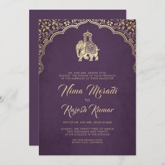 Faire-part de mariage Indien, Violet, Or, Ganesha (Devant / Derrière)