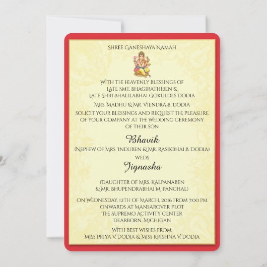 Faire-part de mariage indienne de Ganesha (Dos)