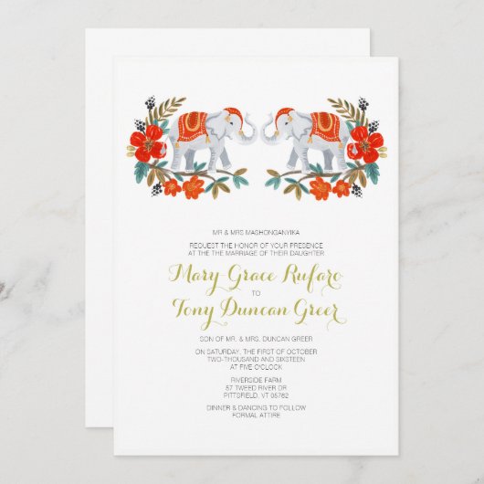 Faire-part de mariage indienne des éléphants (Devant / Derrière)