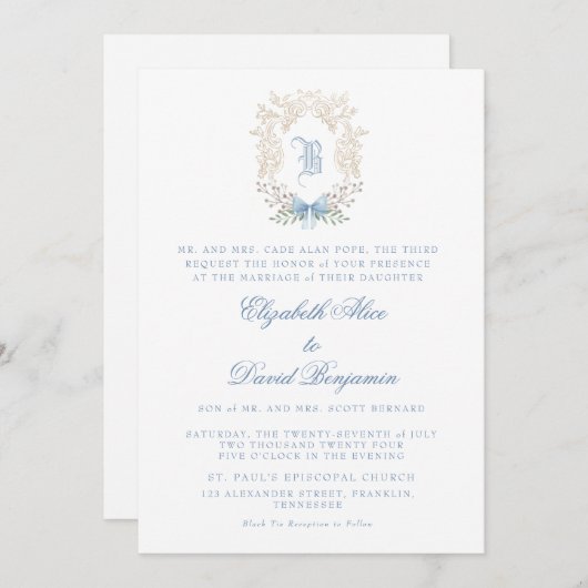 Faire-part de mariage initiale en bleu crête (Devant / Derrière)