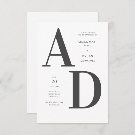 Faire-part de mariage Initiales en gras (Devant / Derrière)