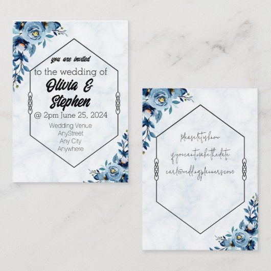 Faire-part de mariage - invitation rose bleue (Devant / Derrière)