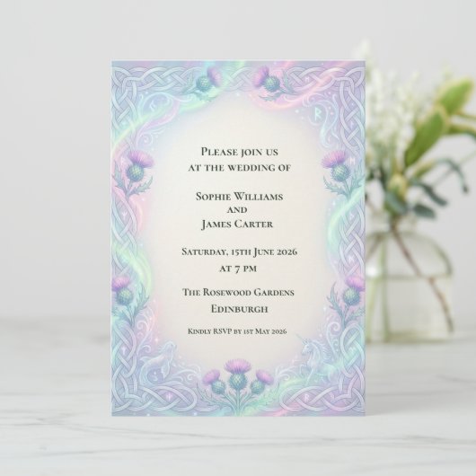 Faire-part de mariage Iridescent Celtic Thistle (Debout devant)
