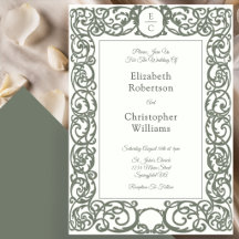 Faire-part de mariage ivoire et vert avec monogram