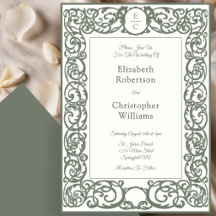 Faire-part de mariage ivoire et vert avec monogram