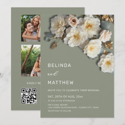 Faire-part de mariage Ivory Roses Fleurs 3D Vert S (Devant / Derrière)