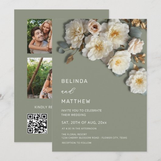 Faire-part de mariage Ivory Roses Fleurs 3D Vert S (Devant / Derrière)