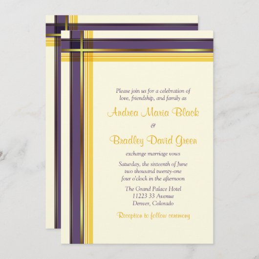 Faire-part de mariage jaune doré violet (Devant / Derrière)