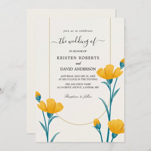 faire-part de mariage jaune et bleu (Devant / Derrière)