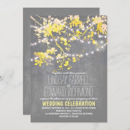 Faire-part de mariage jaune gris avec lumières à c (Devant / Derrière)