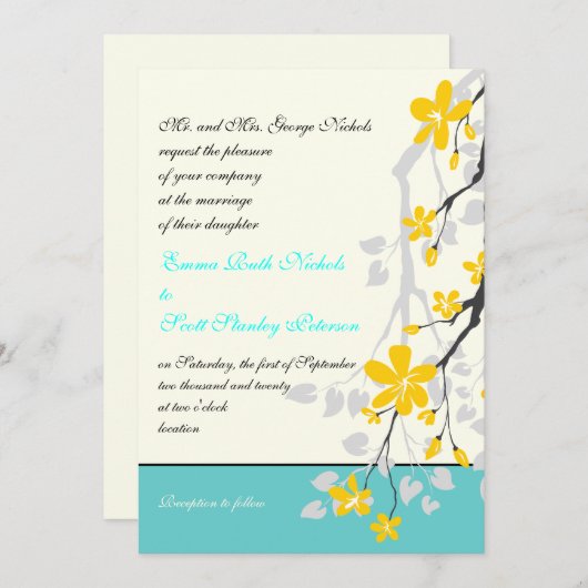 Faire-part de mariage jaune turquoise (Devant / Derrière)