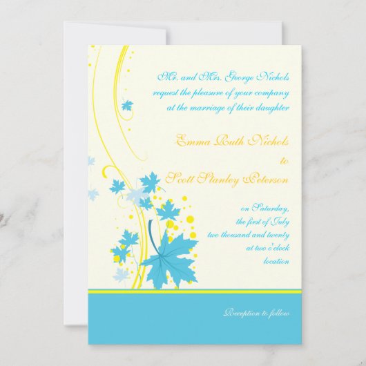 Faire-part de mariage jaune turquoise feuille (Devant)
