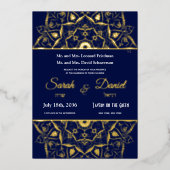 Faire-part de mariage juif Mandala or sur bleu (Recto)