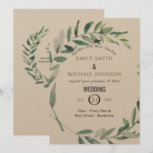 Faire-part de mariage Kraft à feuilles d'aquarelle