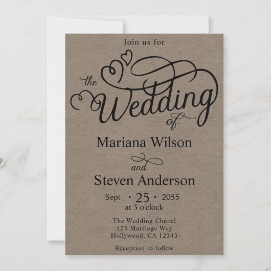 Faire-part de mariage Kraft Brun Simple Chic Scrip (Devant)