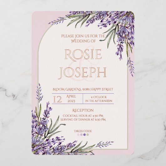 Faire-part de mariage lavande à feuilles d'alumini (Recto)