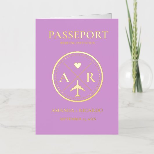 Faire-part de mariage Lavande et Gold Passport (Recto)