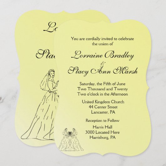 Faire-part de mariage lesbienne jaune (Devant / Derrière)