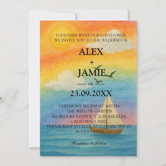 Faire-part de mariage LGBT Rainbow Ocean Sunset (Devant)