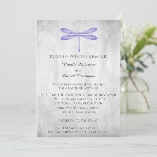 Faire-part de mariage Libellule Violette (Debout devant)