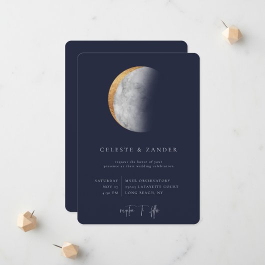 Faire-part de mariage Lune dorée (Devant/Arrière en situation)