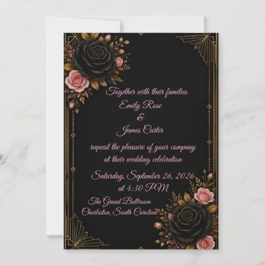 Faire-part de mariage Luxe Noir Or & Rose Blush (Devant)