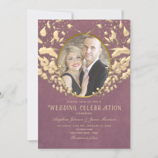 Faire-part de mariage luxe or et violet (Devant)