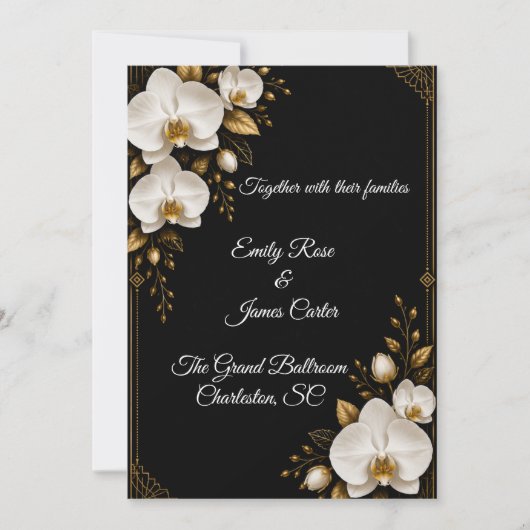 Faire-part de mariage Luxe Orchidée noire, or et b (Devant)