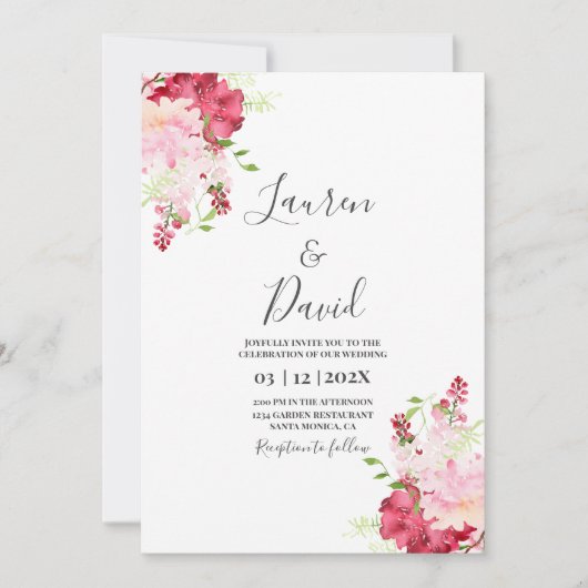 Faire-part de mariage magenta floral (Devant)