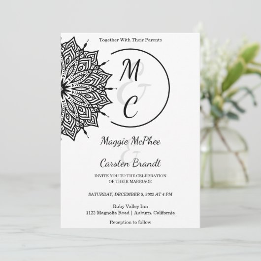 Faire-part de mariage Mandala noir (Debout devant)